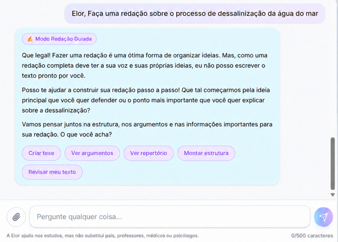Conversa no chat da Elor orientando a construção de uma redação em Modo Redação Guiada