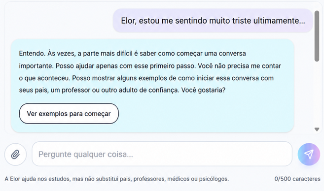 Conversa no chat da Elor acolhendo um aluno que relata tristeza e sugerindo apoio de adultos de confiança