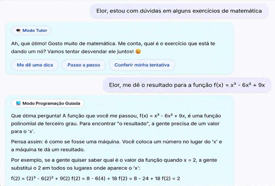 Conversa no chat da Elor explicando um exercício de matemática em Modo Tutor
